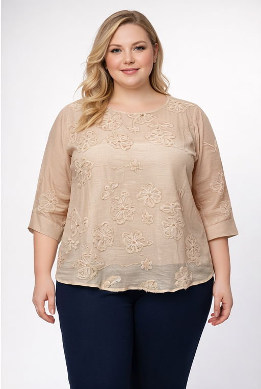 Elegant Bloom Cotton Silk Embroidered Top – With Inner Lining | Plus Size
