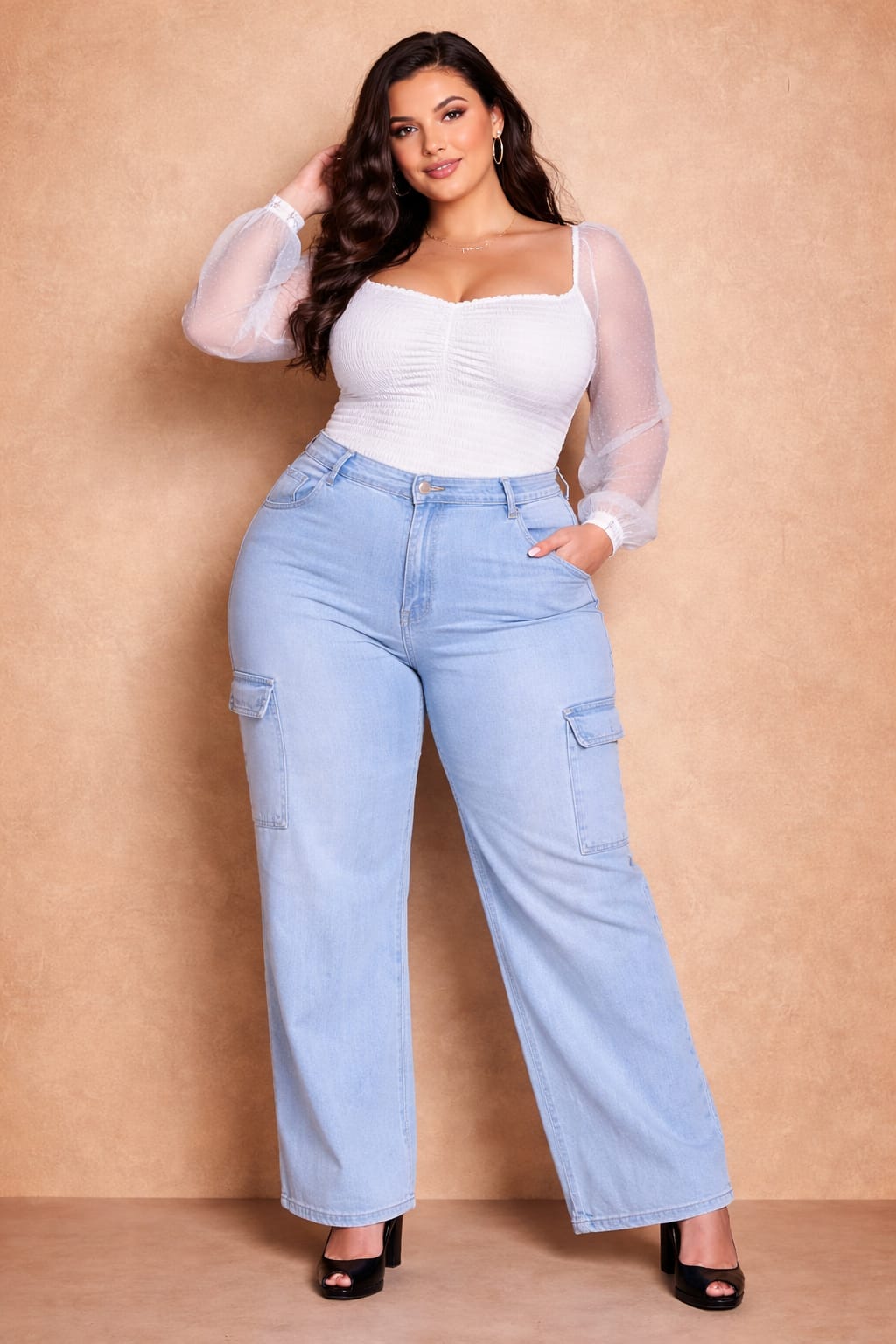 Full Stretch Wide Leg Cargo Denim Jeans
