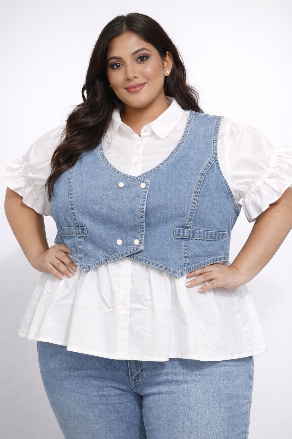 Layered Denim Fusion Top with Flare Shirt