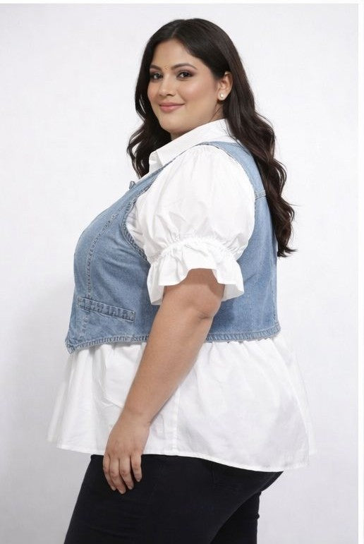Layered Denim Fusion Top with Flare Shirt