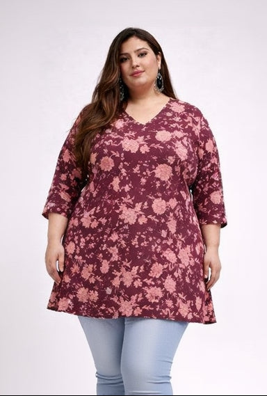 Pure cotton Printed Hip Cover Top Maroon