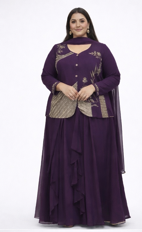 Royal Satin Silk Designer Ruffle Skirt Set Partywear Indo Western